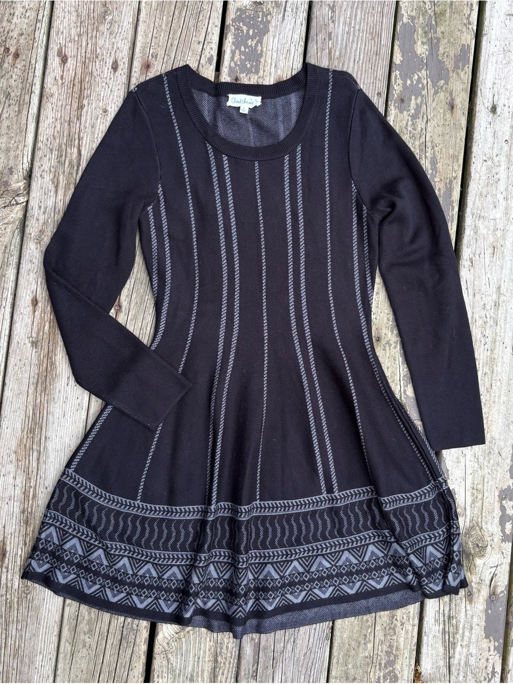 Cloud Chaser Black Long-Sleeve Fit-and-Flare Dress with Gray Trim